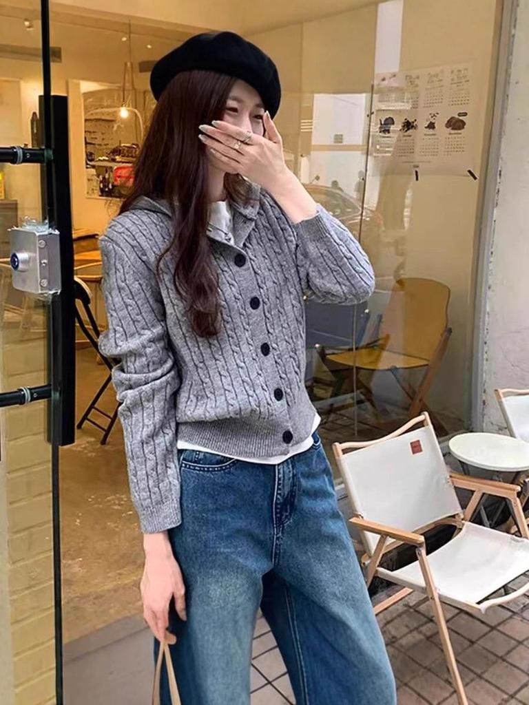 Korean Hooded Cable Knit Cardigan for Women - 2025 Autumn Collection, Button Sweater Coat, Versatile and Stylish.