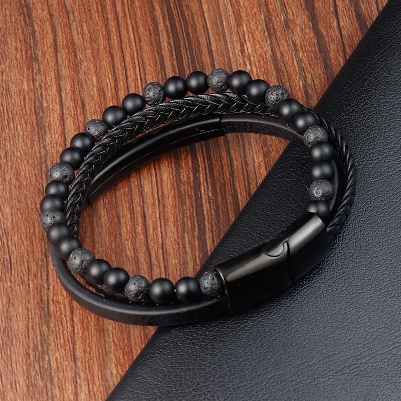 Fashion Natural Stone Beads Men Bracelet Multilayer Leather Bracelet Punk Jewelry Stainless Steel Magnetic Clasp Bangles