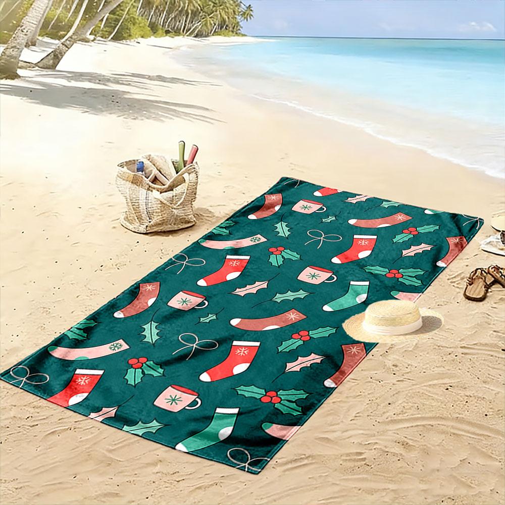 Festive stockings and holly Print beach towel, quick drying, suitable for travel, outdoor sports, jogging, the beach and swimming, gift