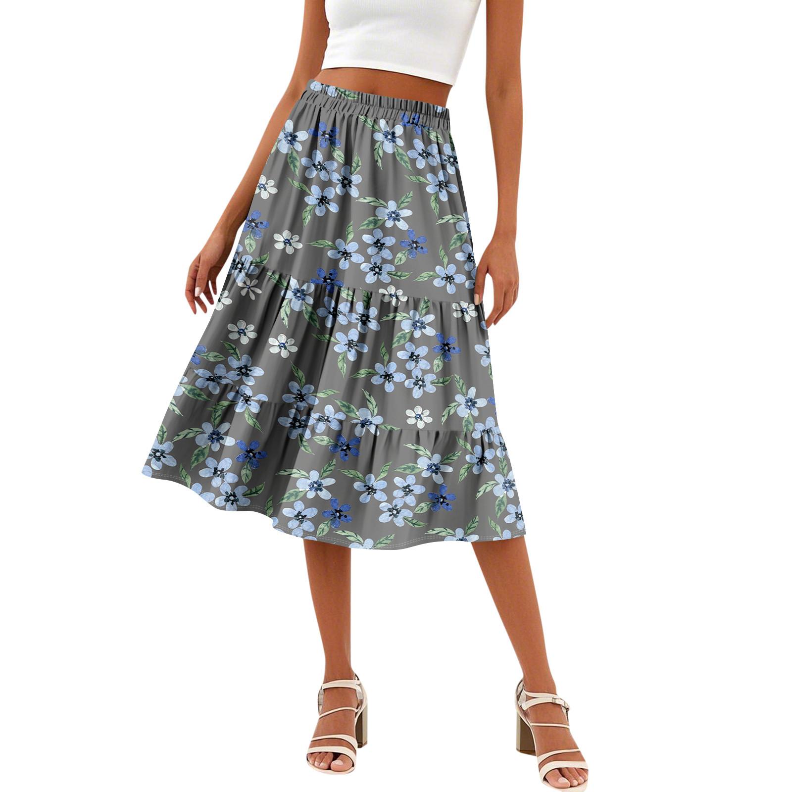 Women s Casual High Waist A-Line Skirt Floral Print Midi Skirt with Pockets Elastic Waistband Comfortable Fit XXL