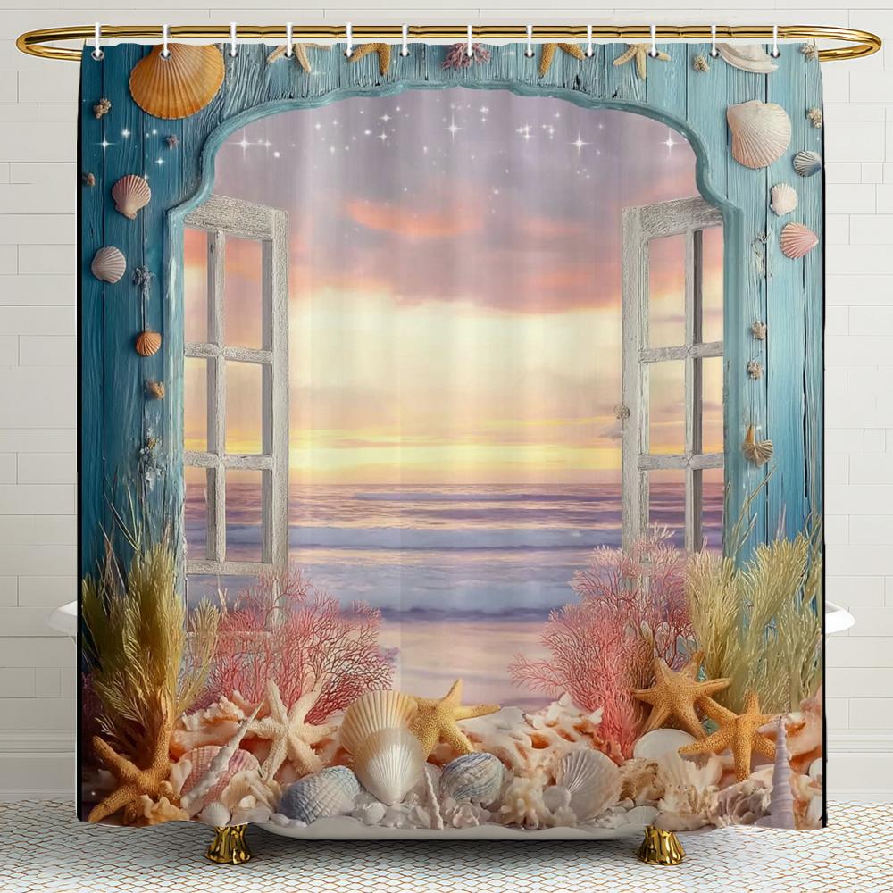Cortina de Ducha con Paisaje de Conchas y Estrellas de Mar Fuera de la Ventana, Cortina de Ducha para Decoración de Baño, Cortina de Ducha Impresa con Ganchos