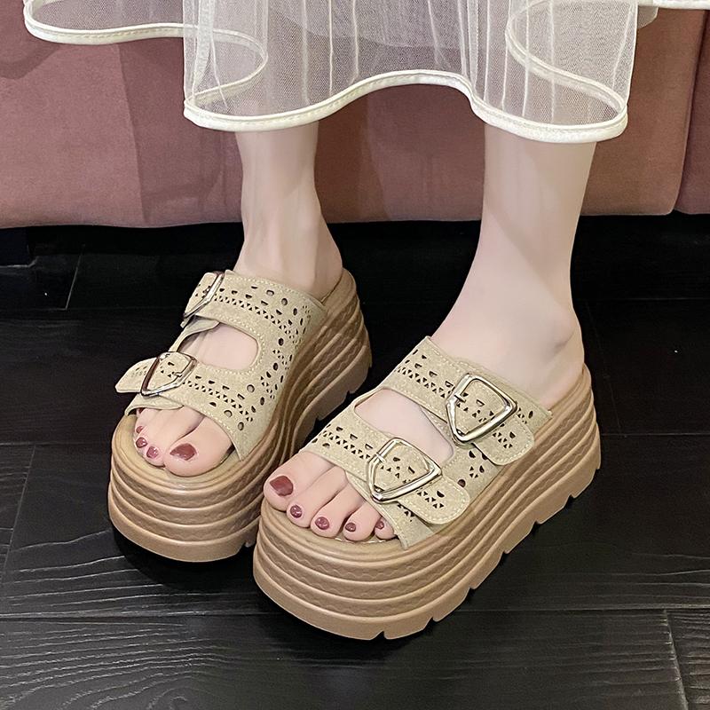Fashion 8CM Summer Women Hollow Out Beach Slippers New Ladies Wedge Heels Leather Flip-Flops Woman High Platform Outside Sandals 2024