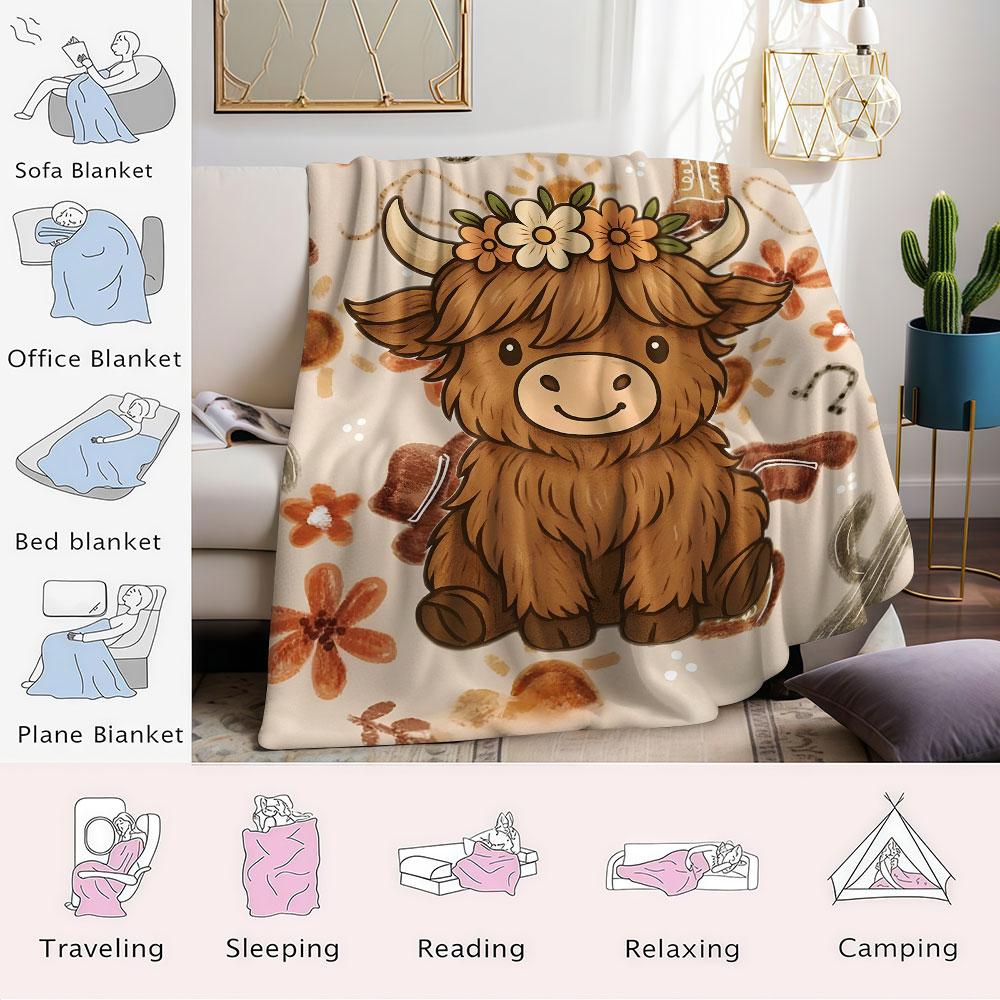 Floral Highland Cow Flannel Blanket Warm Soft Halloween Christmas Couch Warm Cozy Decorative Decor Gift for All Season