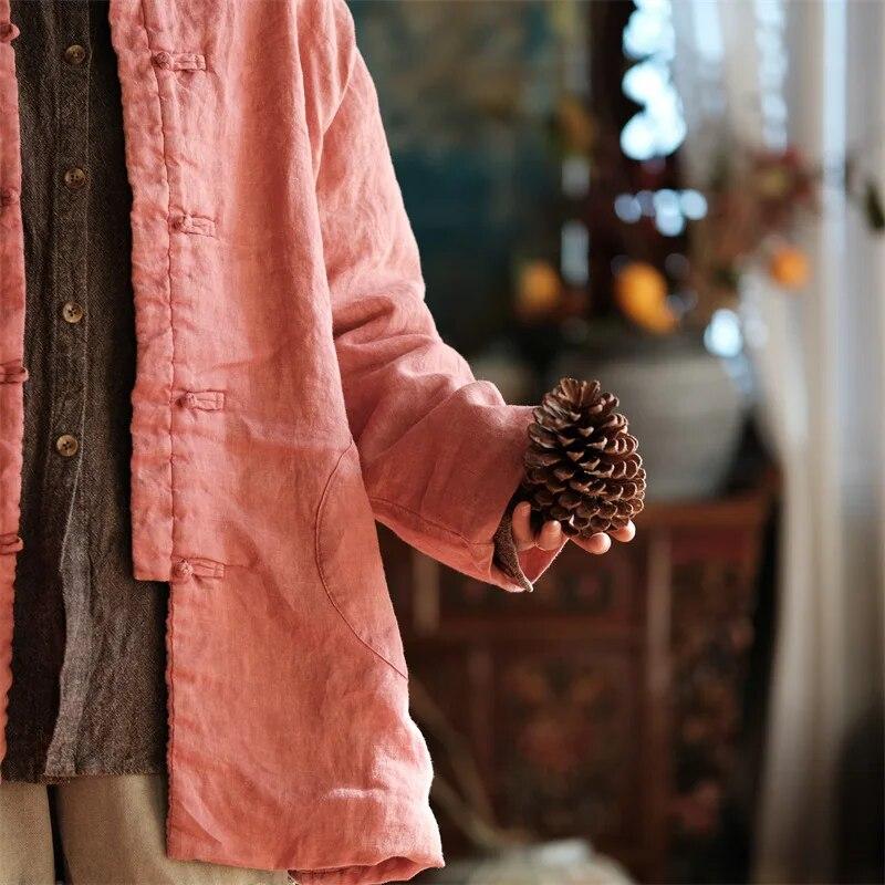 Johnature Women Chinese Style Stand Winter Parkas Orange Pink Button Coats Long Sleeve Linen Plus Cotton Women Parkas
