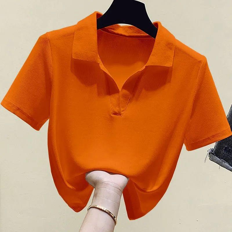 

Женская одежда Лето Корейская мода Ледяной шелк Футболка поло с коротким рукавом Женская Простая Повседневная Однотонная Приталенная Пуловер Топы L оранжевый