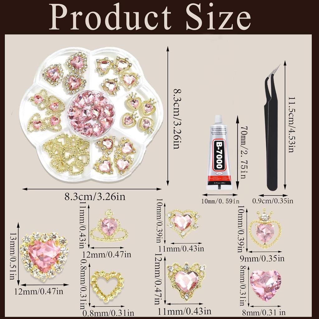 Valentine's Day Nail Art Kit: Plum Blossom Box with 7 Compartments, includes Butterfly, Crown, Heart, and Large Diamond Decorations.