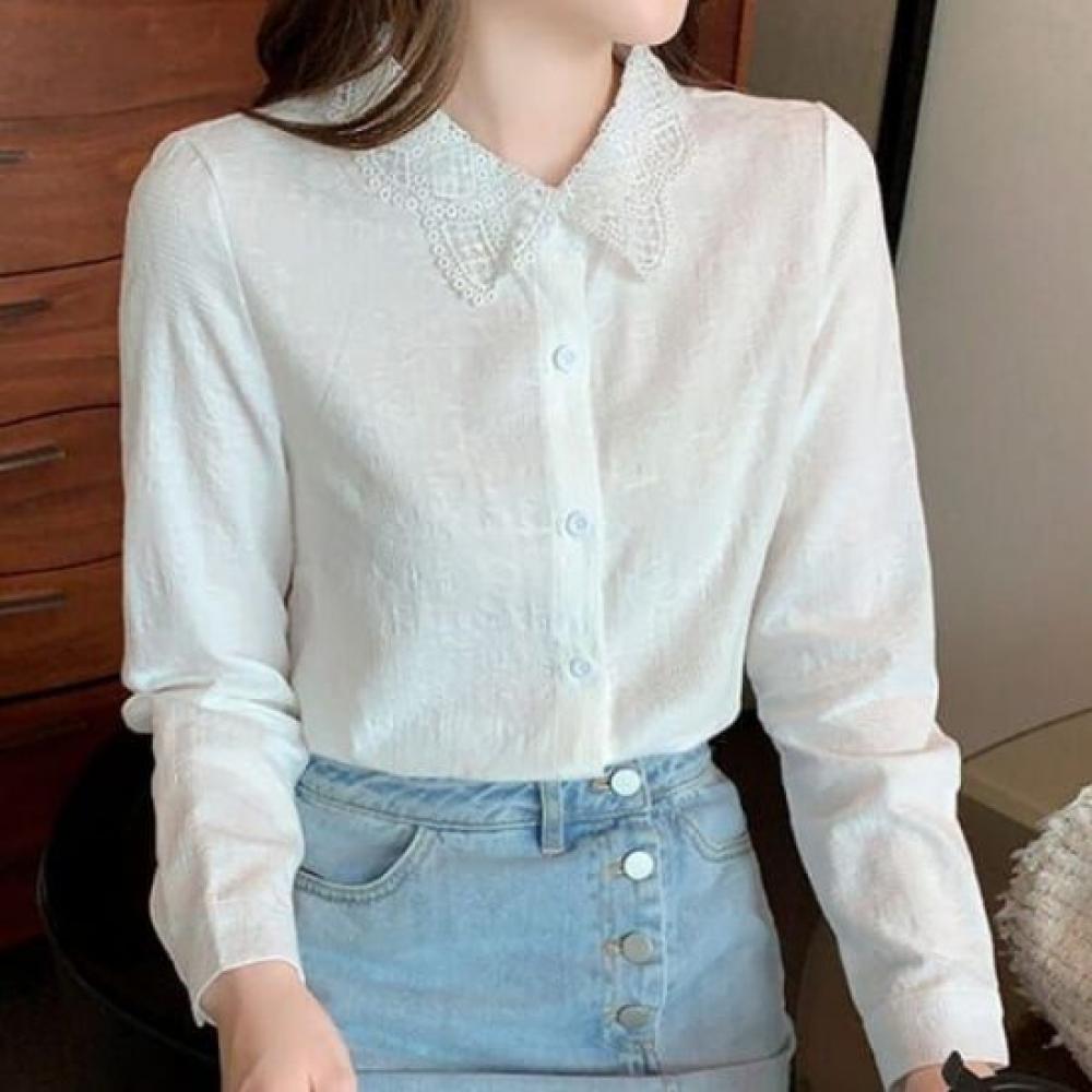 Navava Women Lace Collar Long Sleeve Shirt Nb3021