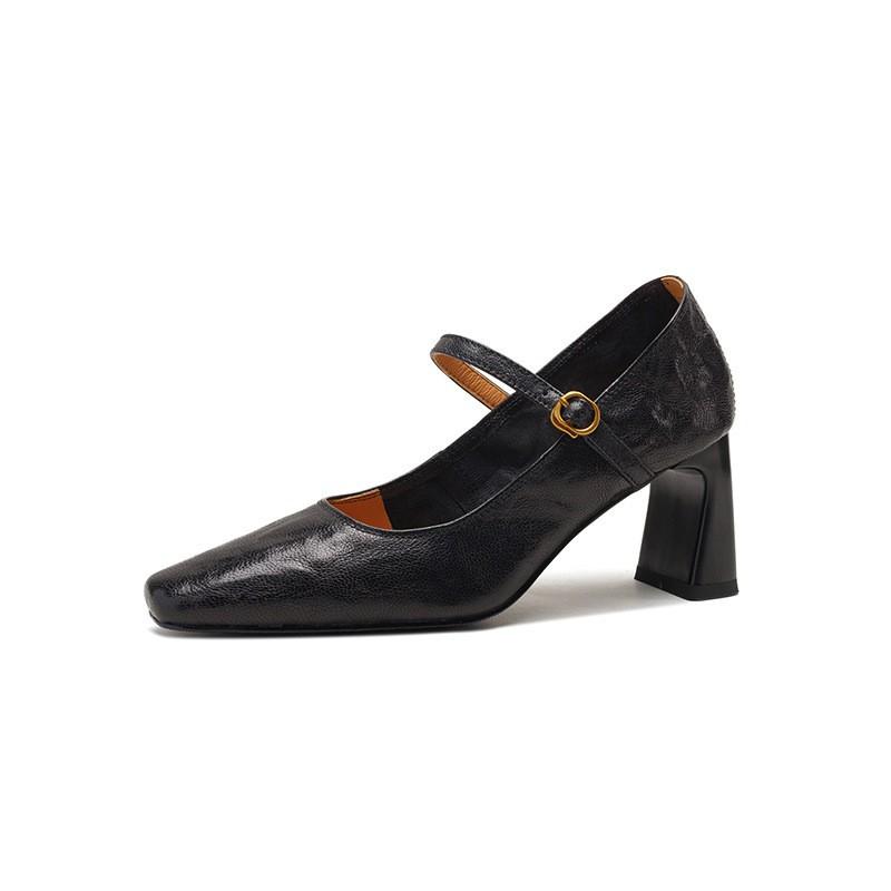 

Cowhide version~ Spring and Autumn French square head Mary Jane high heels women s retro one-button thick heel single shoes light mouth women s shoes 34