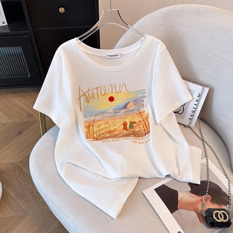 Plus Size Loose Mid-Length Round Neck Short Sleeve T-Shirt for Women