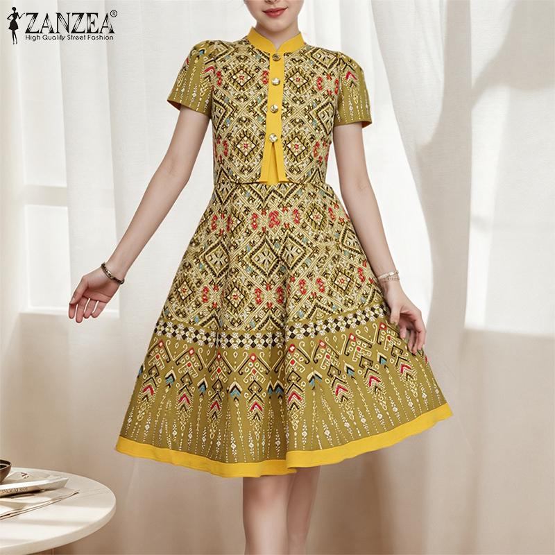 ZANZEA Women Casual Stand Neck Summer Short Sleeve Print Dress