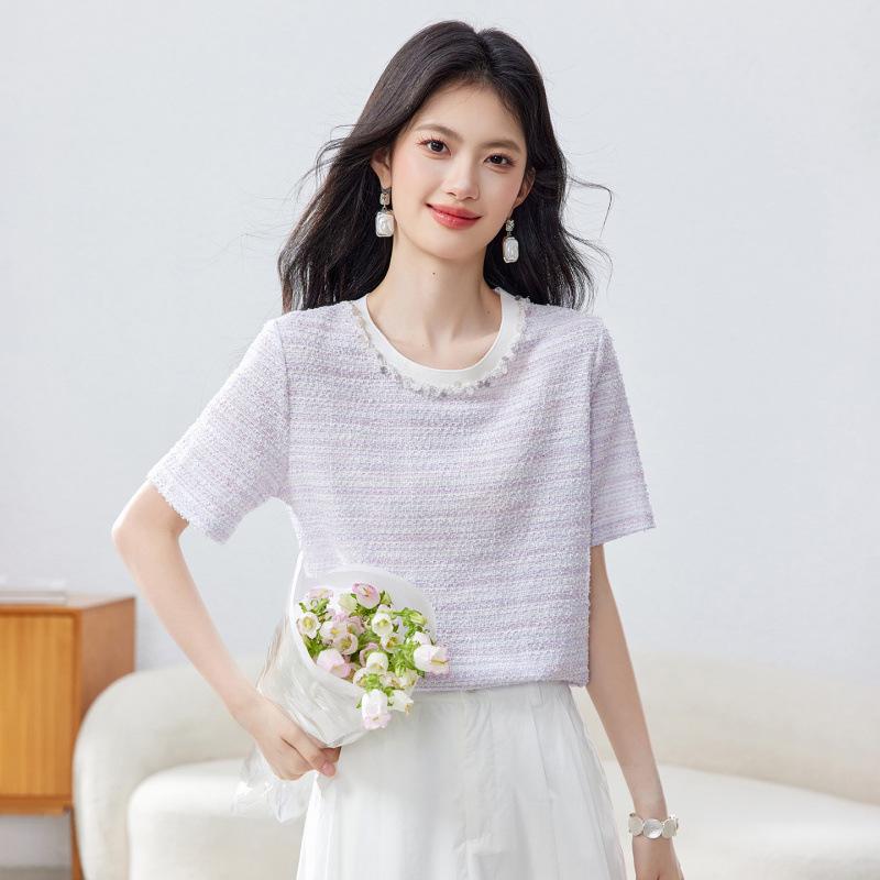 Women s Summer 2026 Pearl Embellished Round Neck T-Shirt, Casual Straight Fit, Regular Shoulder Design M