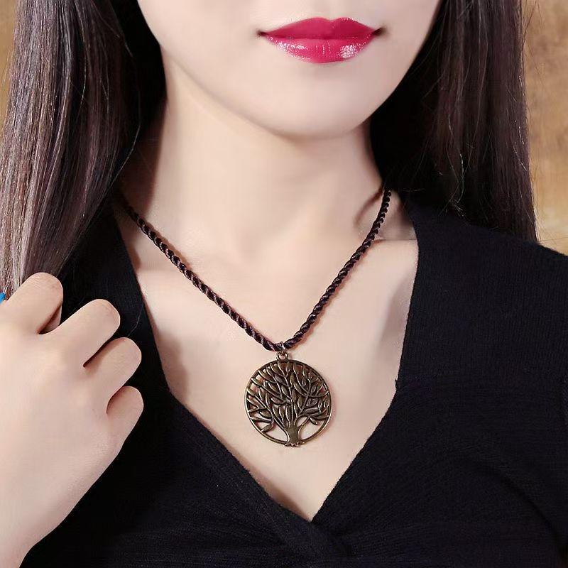 Retro Leather Rope Necklace with Wooden Alloy Pendant for Cotton and Linen Sweaters