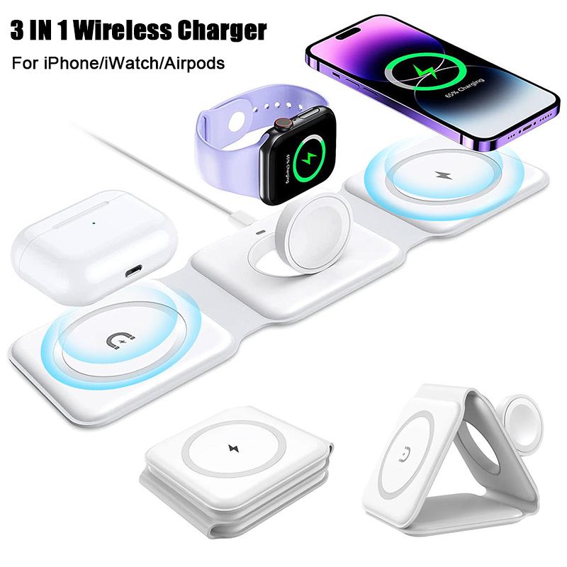 3 In 1 Magnetic Wireless Charger Pad Stand Foldable for iPhone 15 14 13 12 11 Apple Watch AirPods 15W Fast Charging Dock Station