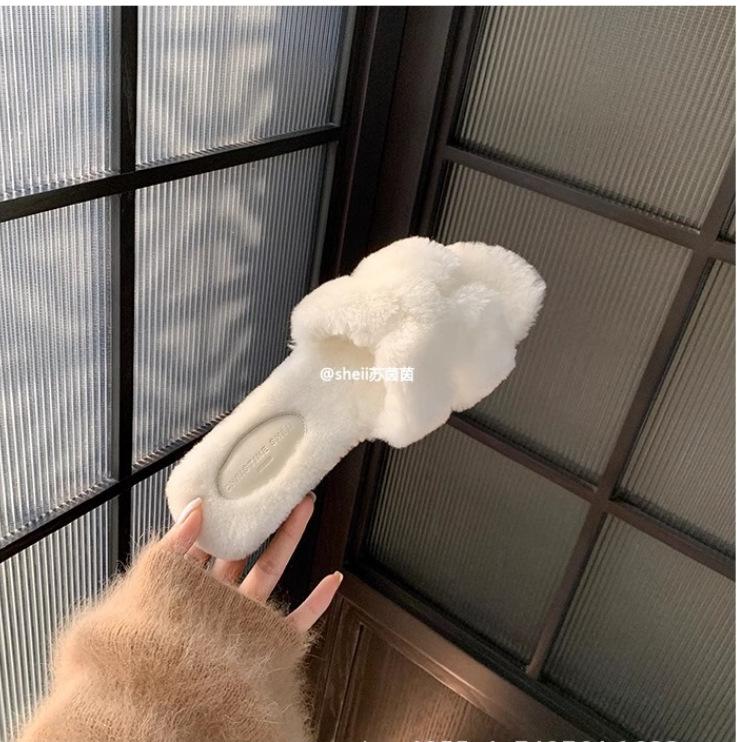 Thick-soled fluffy slippers women's wear 2025 new autumn and winter Internet celebrity rabbit fluffy fluffy shoes one-word cotton slippers