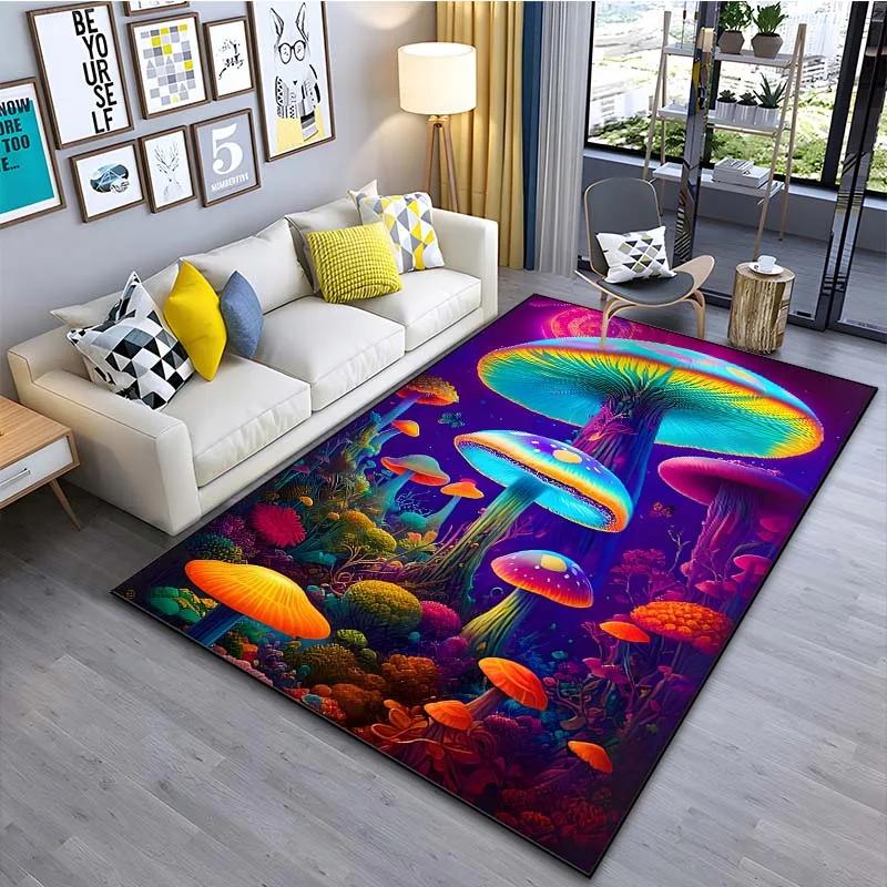 Fantasy Forest Mushroom Pattern Area Rug for Living Room Bedroom Bedside Non-Slip Floor Mat Nature-Inspired Home Decor