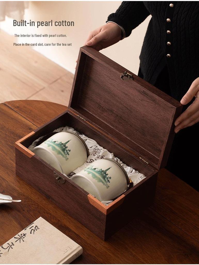 Classic Green Hill Ceramic Tea Caddy Gift Box - Empty Storage Jar for Black & Green Tea with Custom Logo
