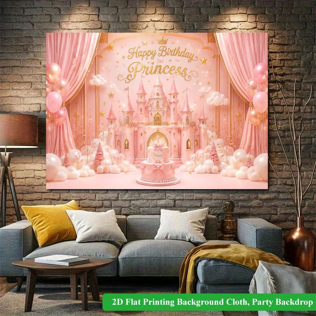 2D Flat Backdrop1pc Pink Theme Castle Cake Birthday Party Backdrop Banner Polyester Wall Decor For Living Room Bedroom Office Outdoor Decor
