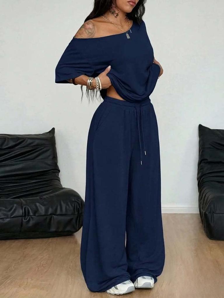 Women's Drop Shoulder Short Sleeve T-Shirts Loose Fit Wide Leg Pants Sets Casual Two Piece Outfits