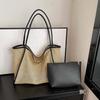 Large Capacity Beach Hollow Composite Tote Lightweight Leather Small Pouch Straw Woven Shoulder Bag Solid Color Polyester