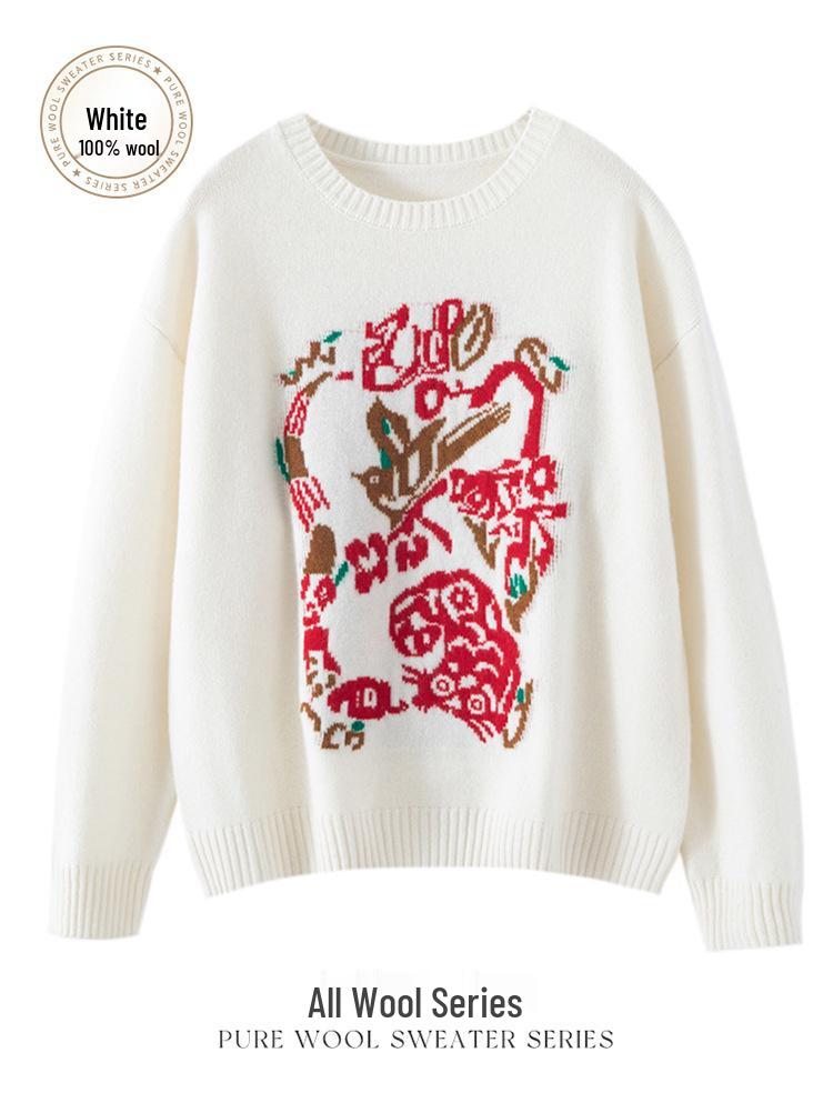 100% Wool Red Jacquard Round Neck Sweater - Autumn/Winter Loose Knit Christmas Top