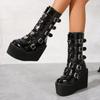 Fashion Gothic Street Cool Woman Boots Wedges Buckles Big Size 43 Glittered Black Chunky Platform Motorcycles Boots Women