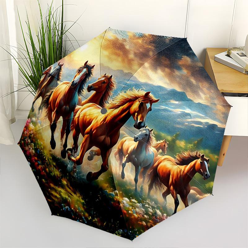 

Horses, Sunset Automatic Folding umbrella Compact 8 rib Design, Unique Style, Suitable for Everyday Outdoor Use, Perfect Gift for Friends an