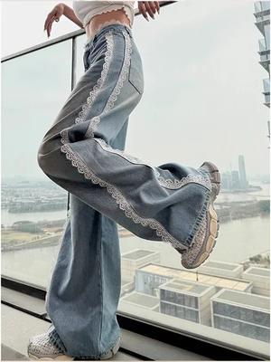 Jeans en dentelle bleue pour femmes amples Y2K édition coréenne Harajuku années 2000 mode streetwear mignon académie rétro jeans pantalon vêtements 2025