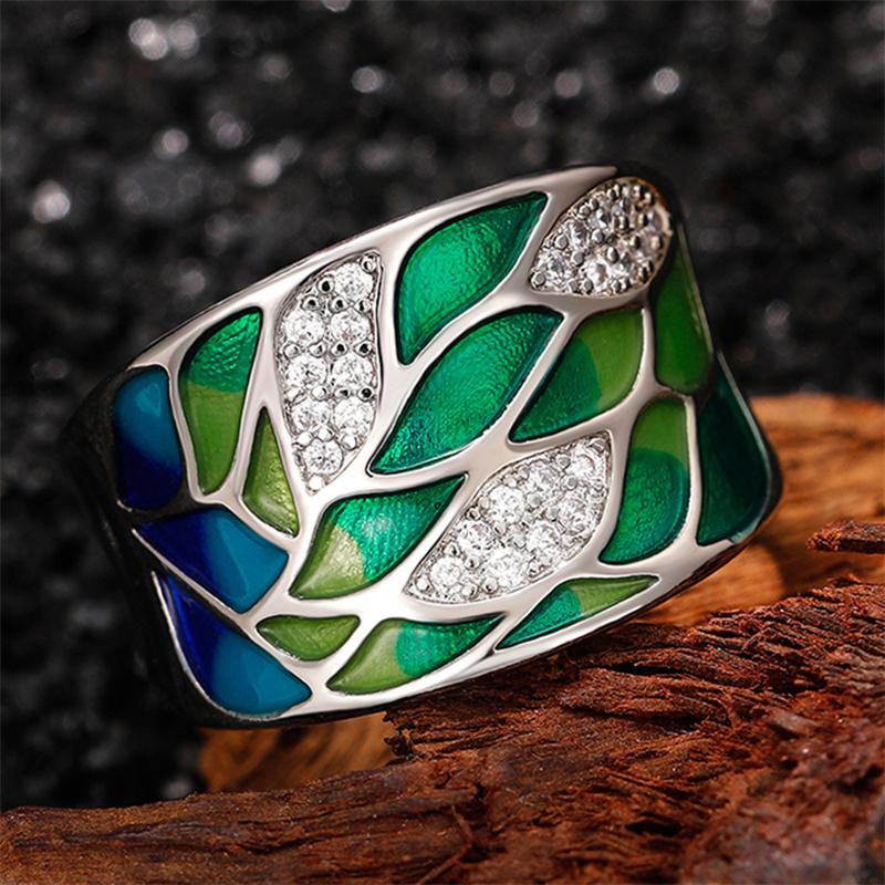 Bague Huitan Style Bohème Émail Feuille Verte pour Femmes Bagues Charmantes pour Dames Soirée Dansante Fantaisie Cadeau Fille d'Anniversaire Bijoux de Mode