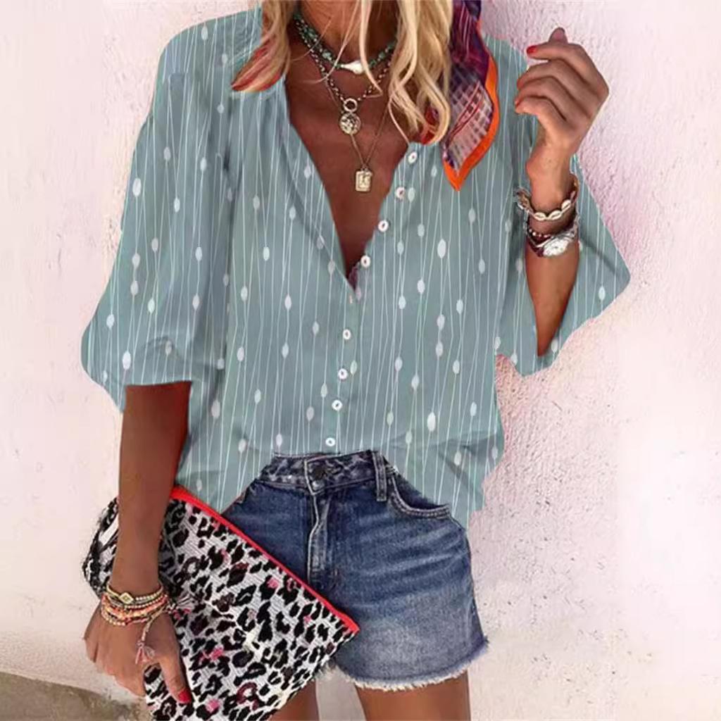 Summer Fashion Stand Up Collar Loose Button Retro Printed Casual Seven Inch Sleeves Women's Blouses & Shirts