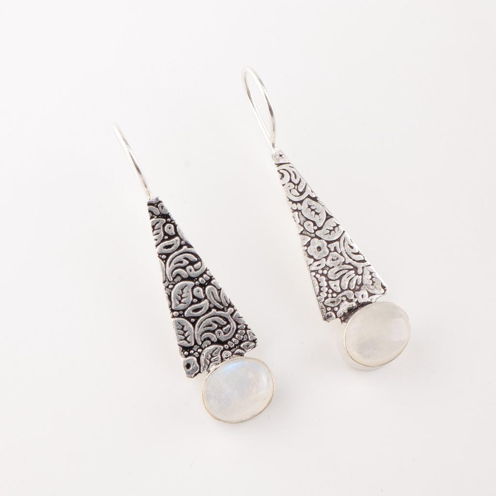 Natural Rainbow Moonstone Gemstone 925 Sterling Silver Handmade Earrings 1.9" EE-165-26