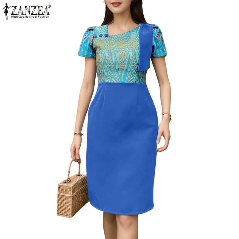 ZANZEA Women Print Patchwork Summer Casual Short Sleeve Sheath Dress