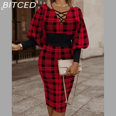 Women's Autumn and Winter Long Sleeve V-Neck Waisted Hip Dresses