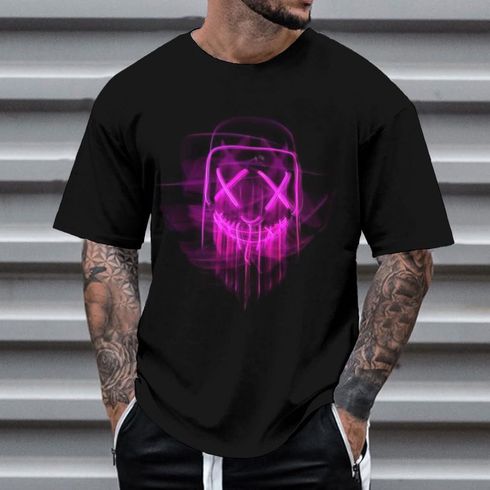 Summer Round Neck 3D Neon Graffiti Skull Graphic Print Top Fashionable Casual Short Sleeved Men's T-shirts