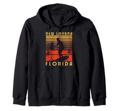 New Smyrna Beach Florida Zip Hoodie, Surfboard and Sunset Design