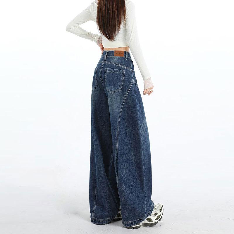 Hochtaillierte gewaschene tiefblaue Jeans für Damen Herbst Retro Weitbeinjeans