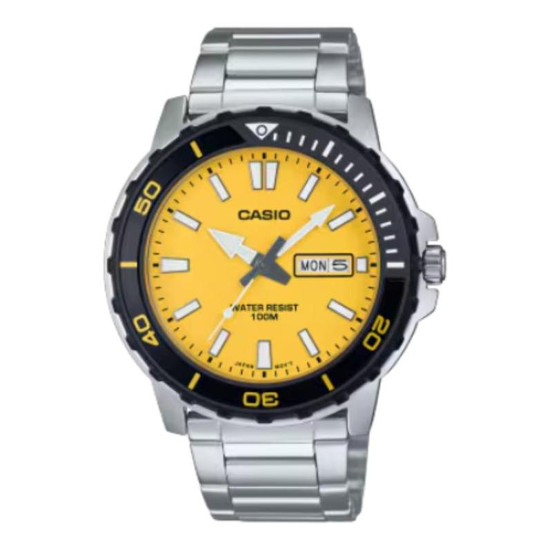 Casio סדרת מחוגים אנלוגיים עמיד במים 100 מטר קוורץ רצועת פלדה שעון גברים חוגה כתומה MTD-125D-9AVDF