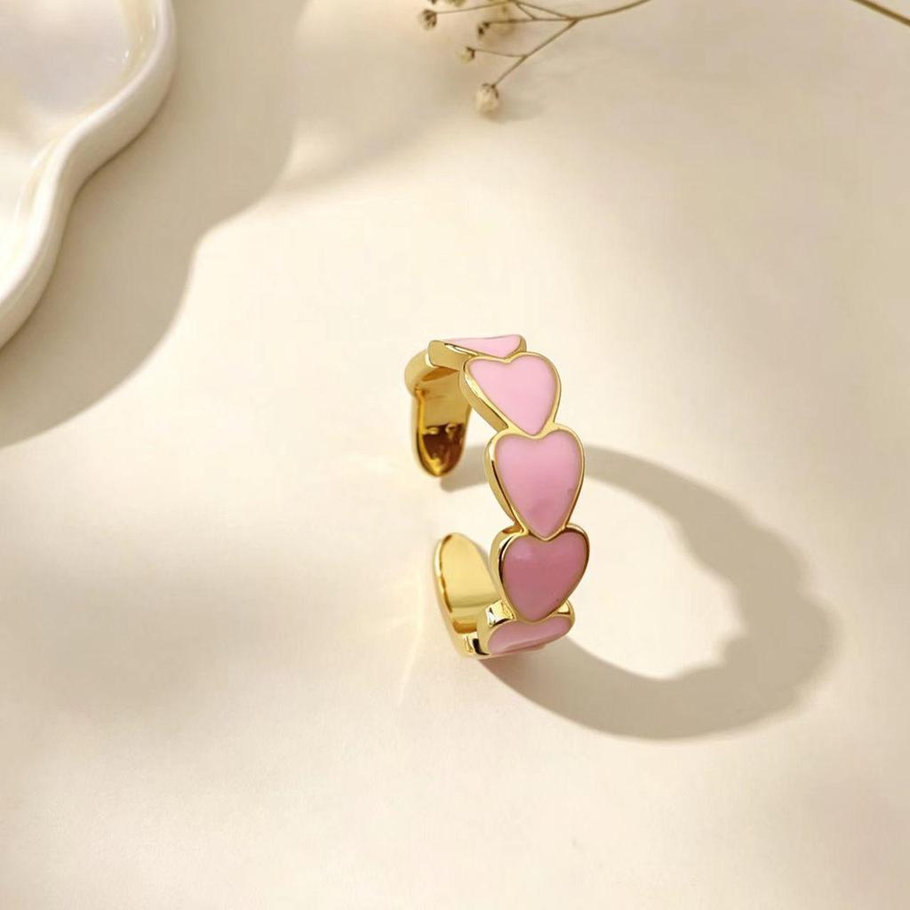 Multicolor Gold-Plated Open Adjustable Heart Ring - Luxury Finger Jewelry
