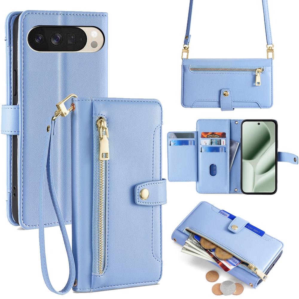 

For Google Pixel 10 Leather Case Zipper Pocket Wallet Phone Cover with 2 Straps