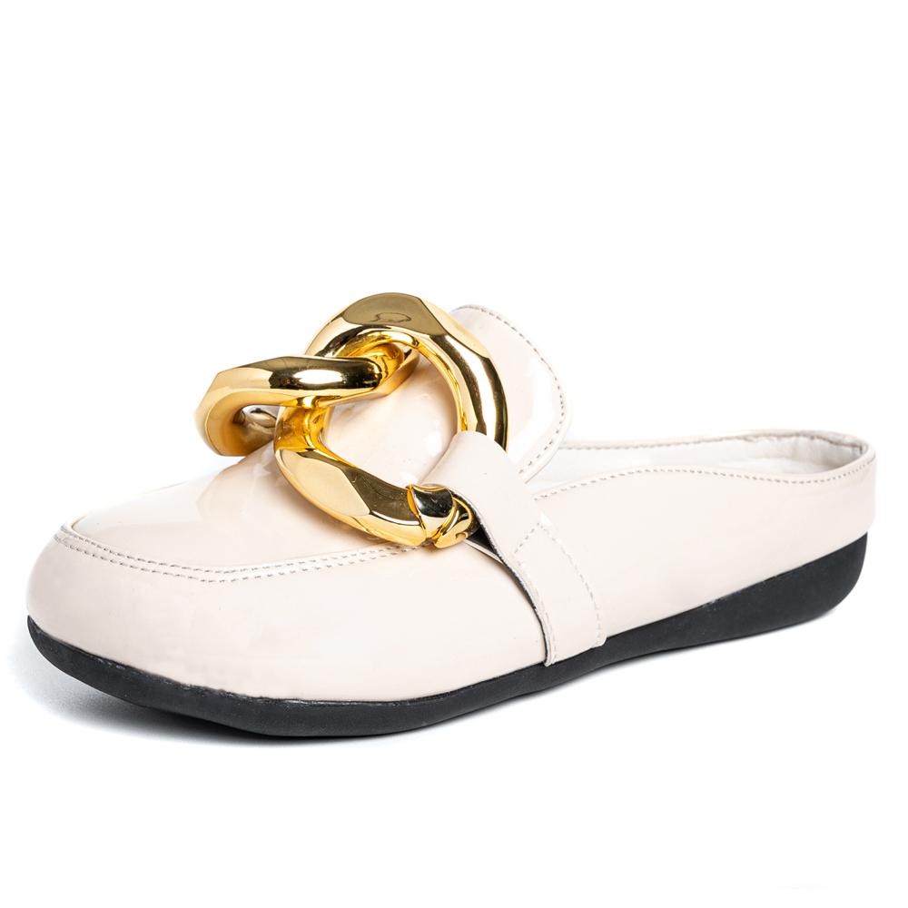 Summer Women Slipper Low Heels Casual Slides Flip Flop Round Toe Brand Design Gold Chain Closed Slip On Shoes Mulles