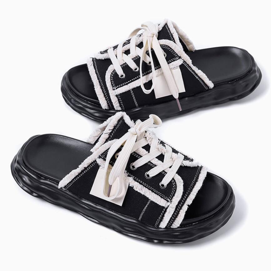 Fashion Men's Niche Designer Trendy One-piece Slides Men Lace-up Casual Outdoor Shoes Mens Versatile Style Breathable Slippers