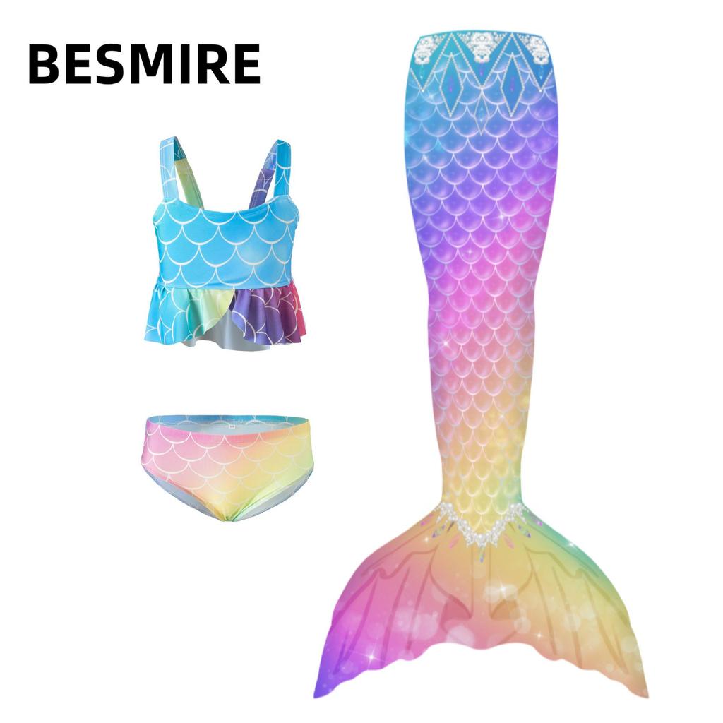 Children's Three-Piece Mermaid Bikini Swimsuit Set - Includes Princess Dress Performance Costume for Kids