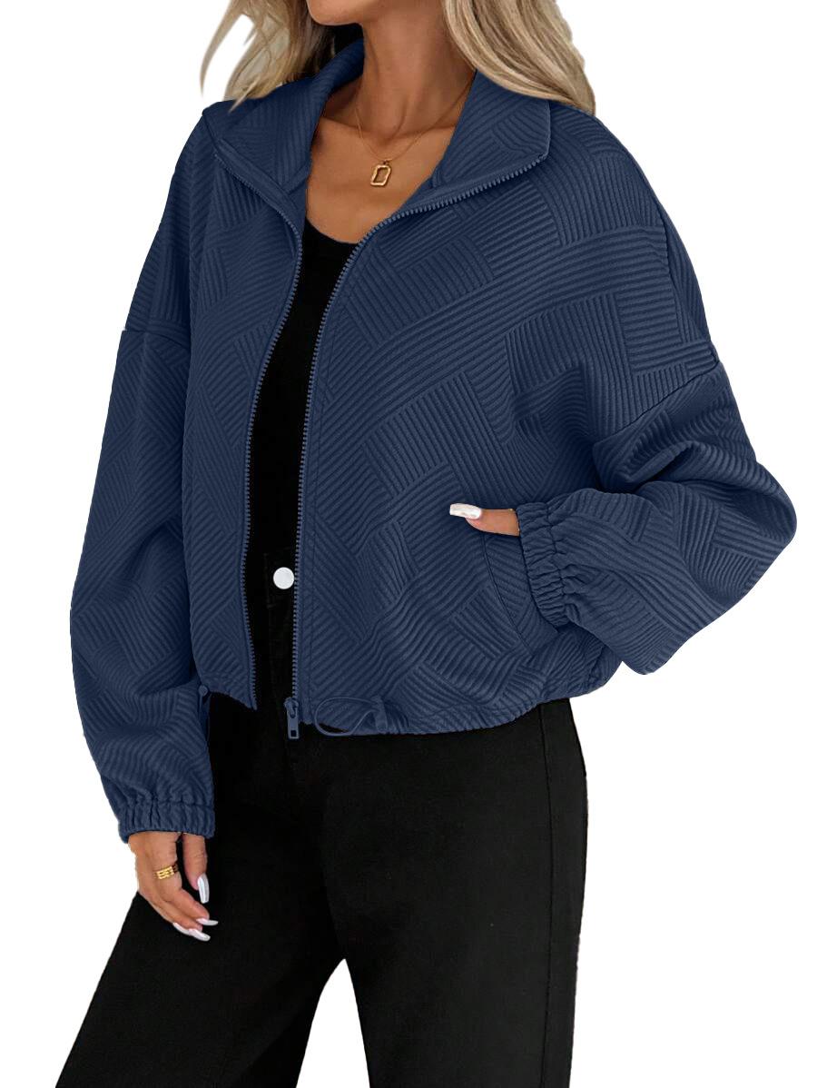 

Women s Beige Geometric Pattern Zip Front Cropped Jacket M Темно-синій