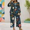 Women Plus Size Round Neck Long Sleeve Floral Printed Layered Top Wide Leg Cropped Pants Two Piece Set