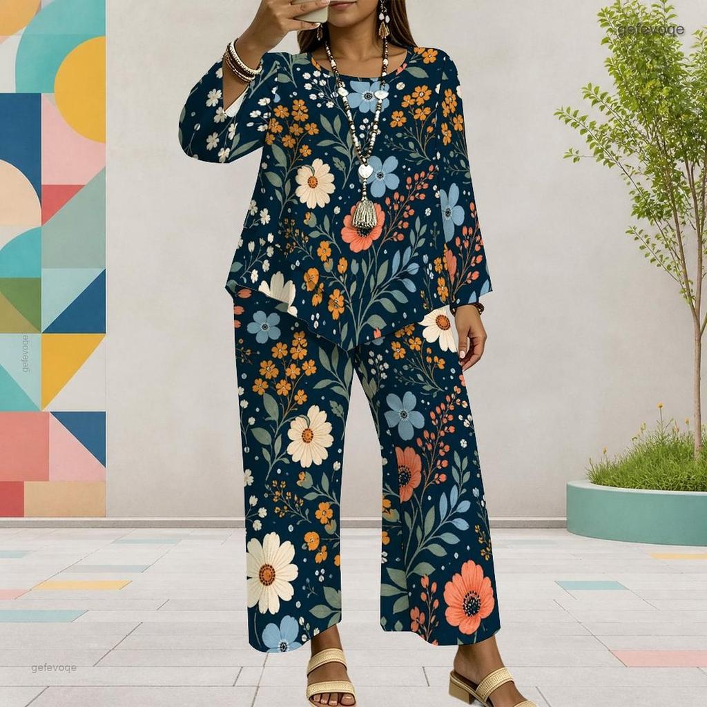 Women Plus Size Round Neck Long Sleeve Floral Printed Layered Top Wide Leg Cropped Pants Two Piece Set