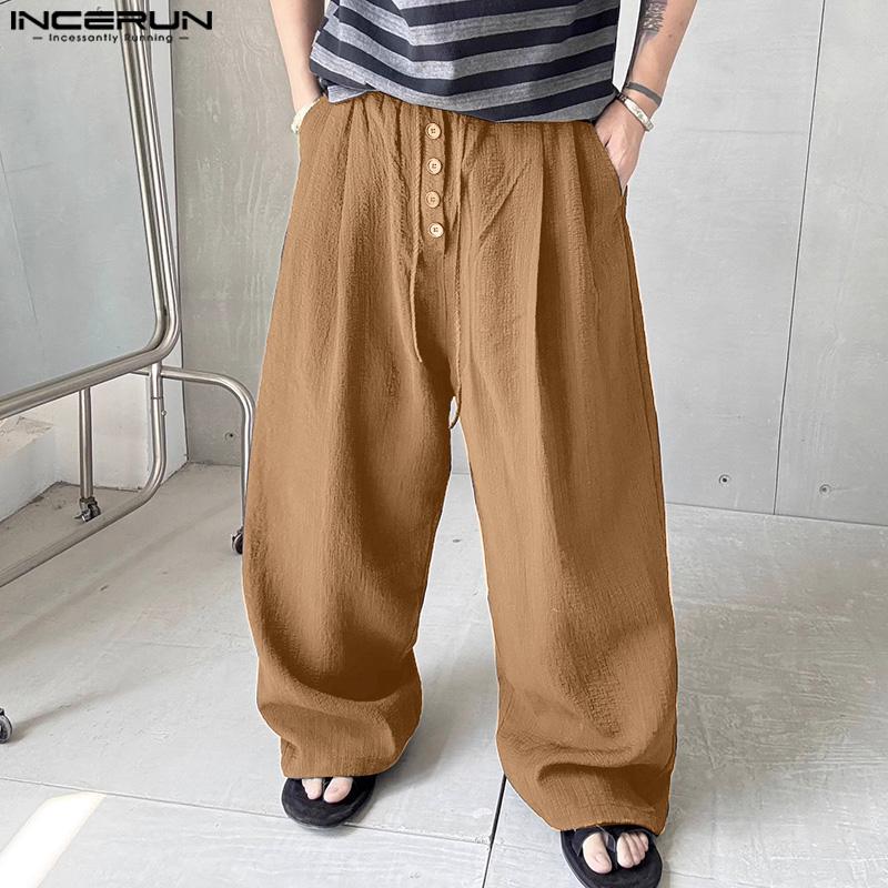 INCERUN Men Drawstring Elastic Waist Solid Texture Casual Long Straight Pants