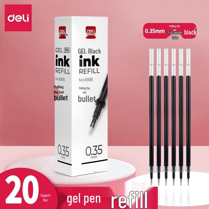 Deli 6935 Gel Pen Refills, 0.38mm Black, 20-Count Box