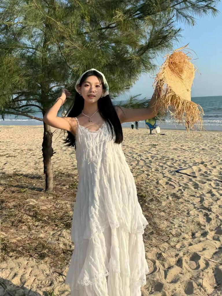 Elegante Vestito da Spiaggia Bianco Senza Maniche Stile Fata Francese per Donna