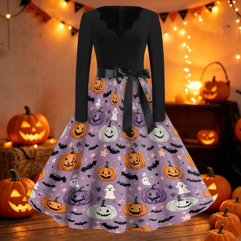 Women's Vintage Halloween Print V-Neck Dress, Long Sleeve Retro Party Outfit for Casual Party