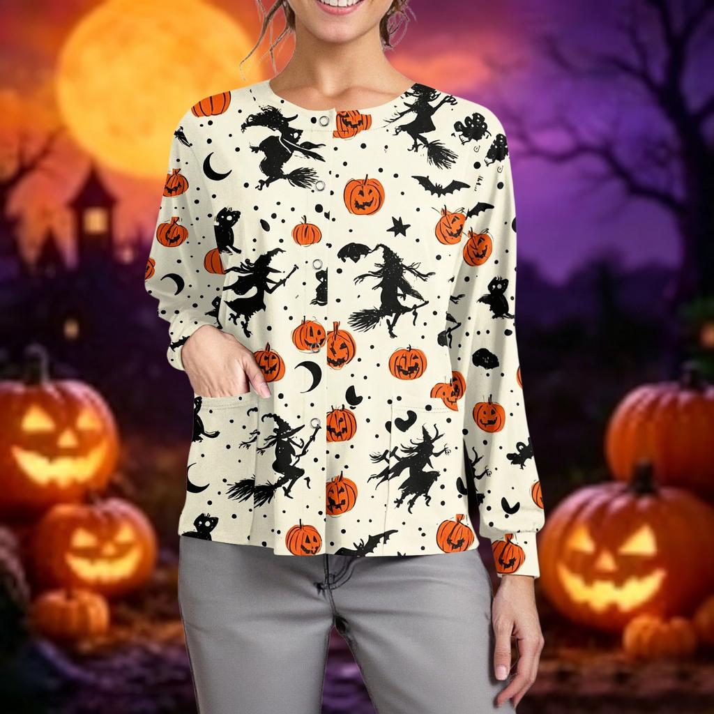 Women's Halloween Print Long Sleeve Cardigan - Single-Breasted Button Front Casual Top for Fall Parties and Everyday Wear