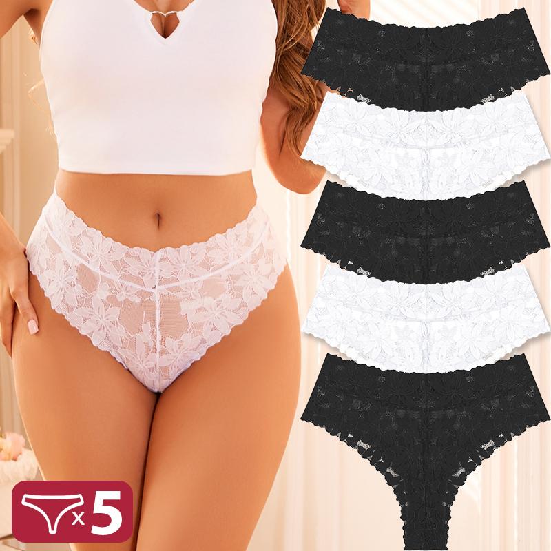 FINETOO 5 Bucăți Tanga Sexy din Dantelă Femei Chiloți cu Talie Joasă Sexy Moi Lenjerie Intimă Doamne Chiloți Florali Trendy Lenjerie Intimă Femei
